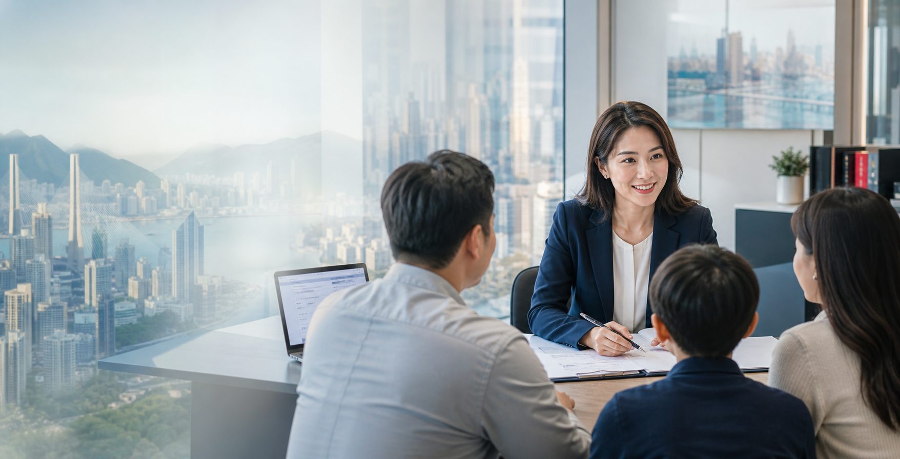 移民顾问在可俯瞰海港城市天际线的办公室内，与一家人隔桌会谈